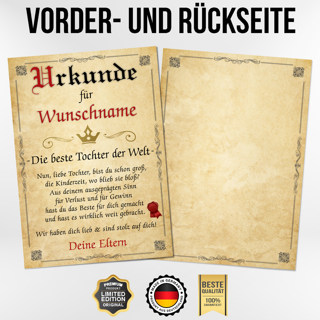 Beste Tochter Urkunde personalisiert persönliches Eltern Tochter Geschenk personalisierte Geschenkidee Tochter Geburtstag
