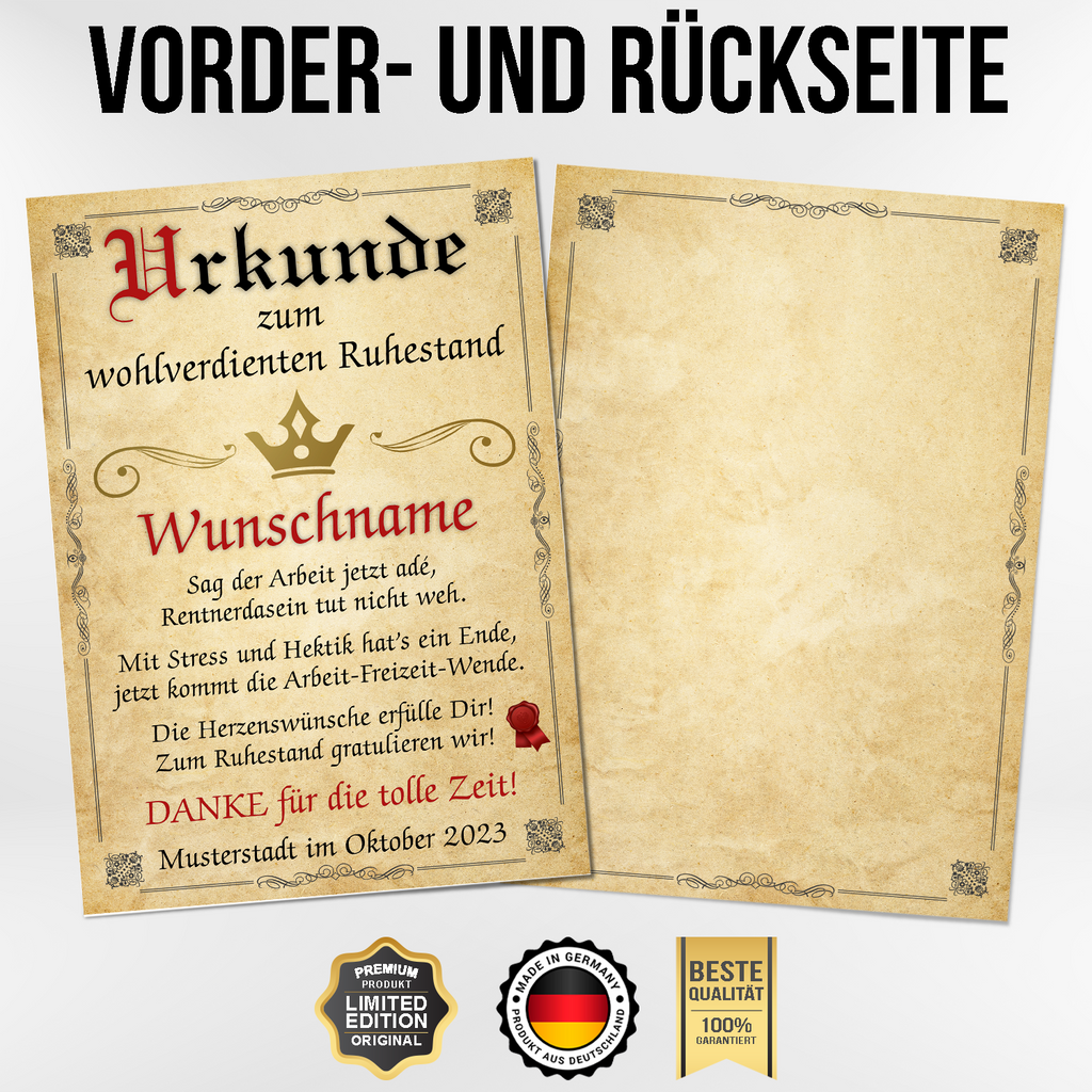 Ruhestand Urkunde personalisiert Rente persönliches Abschiedsgeschenk Kollegen personalisierte Geschenkidee zum Ruhestand