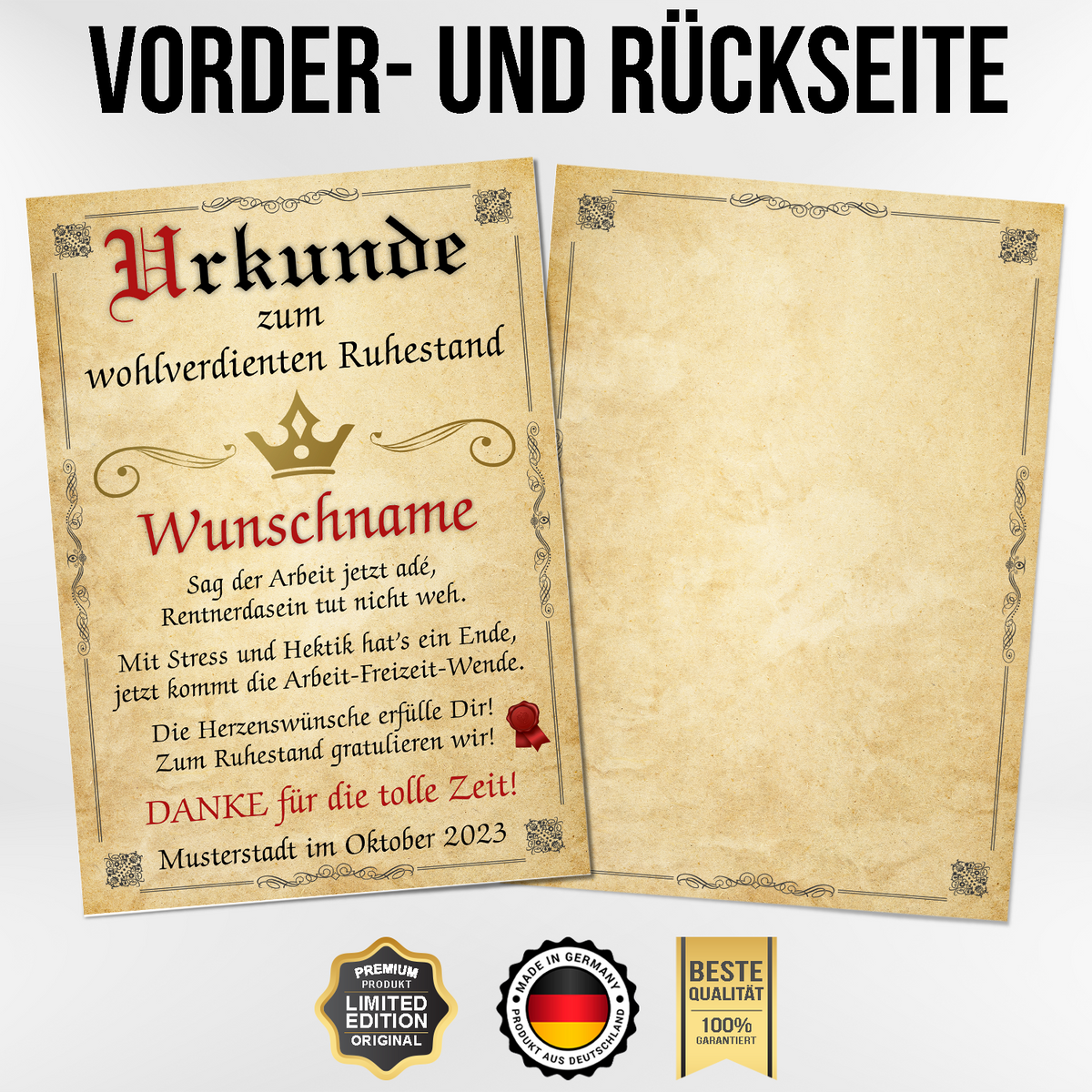 Ruhestand Urkunde personalisiert Rente persönliches Abschiedsgeschenk Kollegen personalisierte Geschenkidee zum Ruhestand