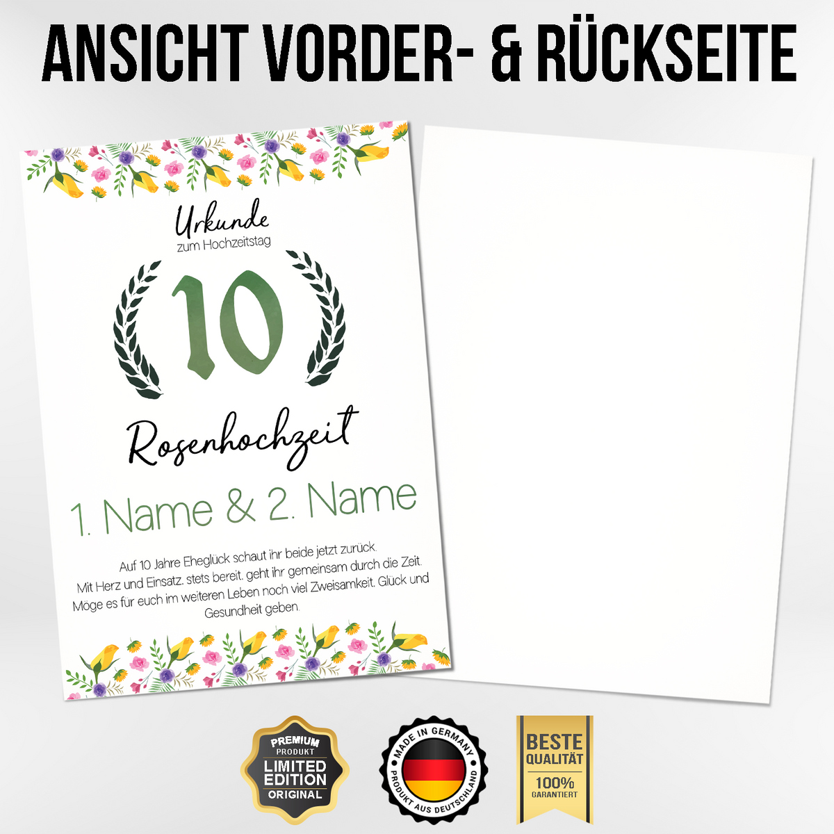 Rosenhochzeit Urkunde mit Namen – Geschenk zum 10. Hochzeitstag, personalisiert