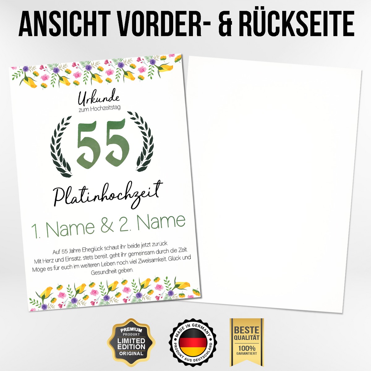 55. Hochzeitstag personalisiertes Geschenk Urkunde zur Platinhochzeit Deko