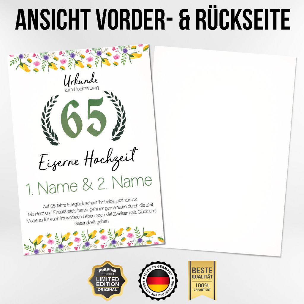 Eiserne Hochzeit Urkunde mit Namen – Geschenk zum 65. Hochzeitstag, personalisiert