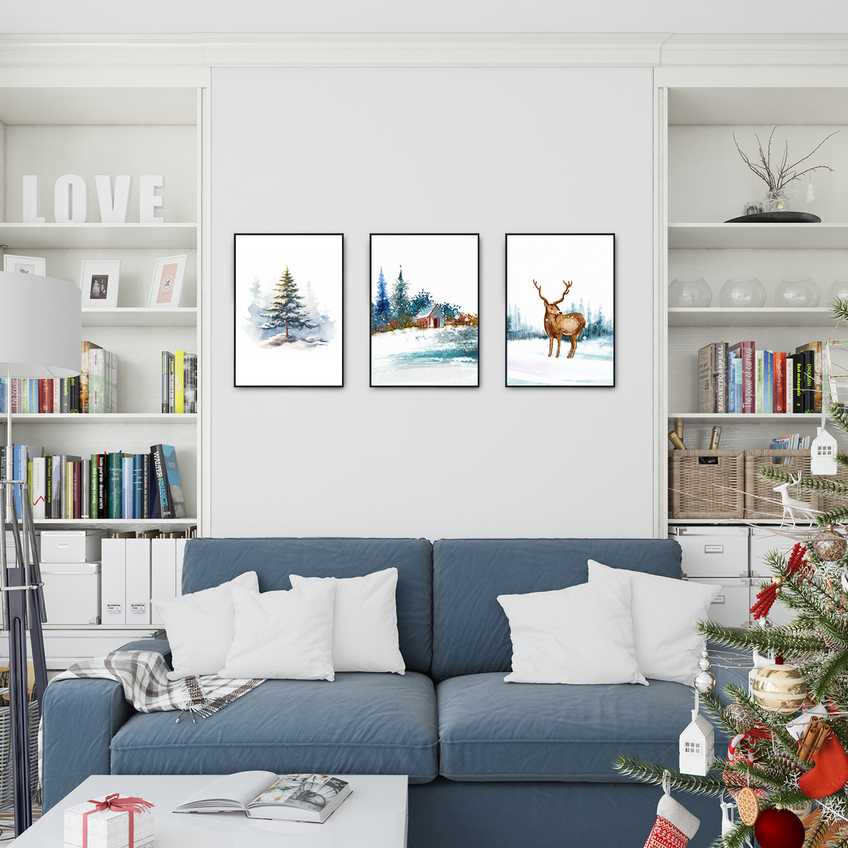 Weihnachtslandschaft Hirsch Waldhütte Weihnachten DIN A4 Weihnachtsposter Weihnachtsdeko 3er Set