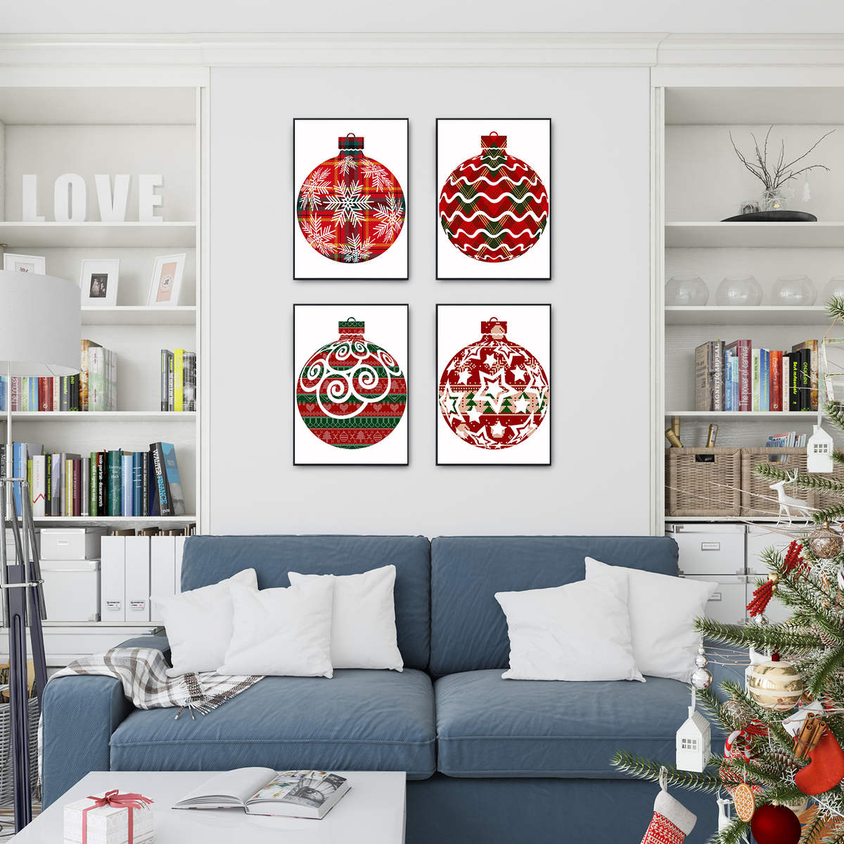 Christbaumkugeln Weihnachten DIN A4 Weihnachtsbilder Weihnachtsposter Weihnachtsdeko Wandbilder 4er Set