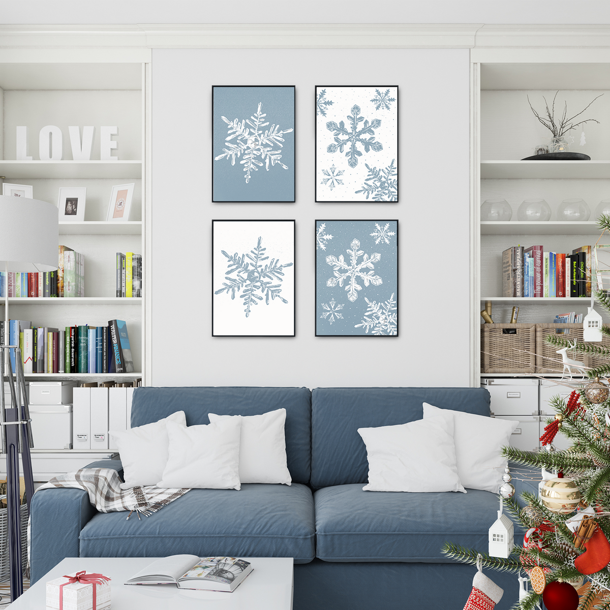 Schneeflocken Weihnachten DIN A4 Weihnachtsbilder Weihnachtsposter Weihnachtsdeko Wandbilder 4er Set