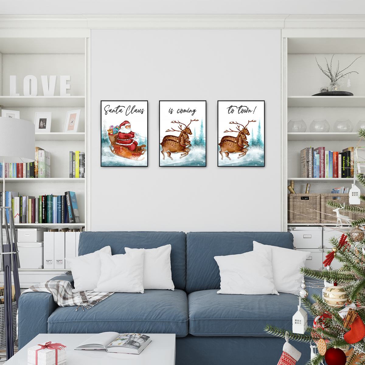 Santa Claus Rentier Weihnachten DIN A4 Weihnachtsbilder Weihnachtsposter Weihnachtsdeko Wandbilder 3er Set