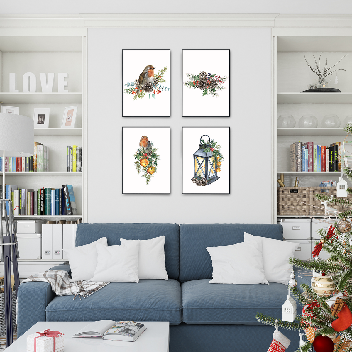 Nadelbaum Zapfen Vogel Weihnachten DIN A4 Weihnachtsbilder Weihnachtsposter Weihnachtsdeko Wandbilder 4er Set