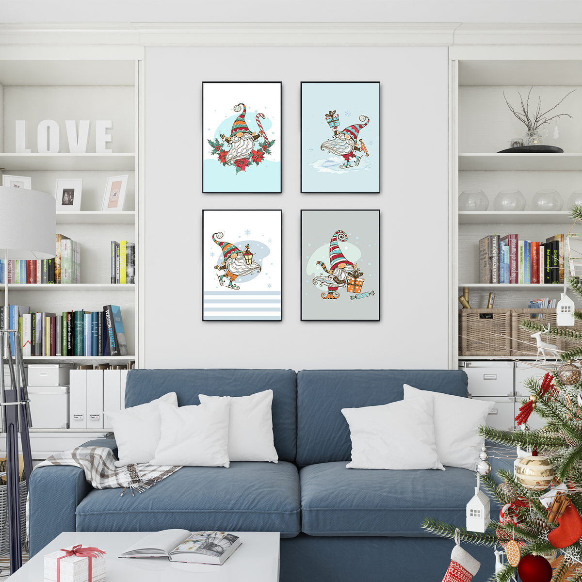 Santa Claus Zwerge Weihnachten DIN A4 Weihnachtsbilder Weihnachtsposter Weihnachtsdeko Wandbilder 4er Set