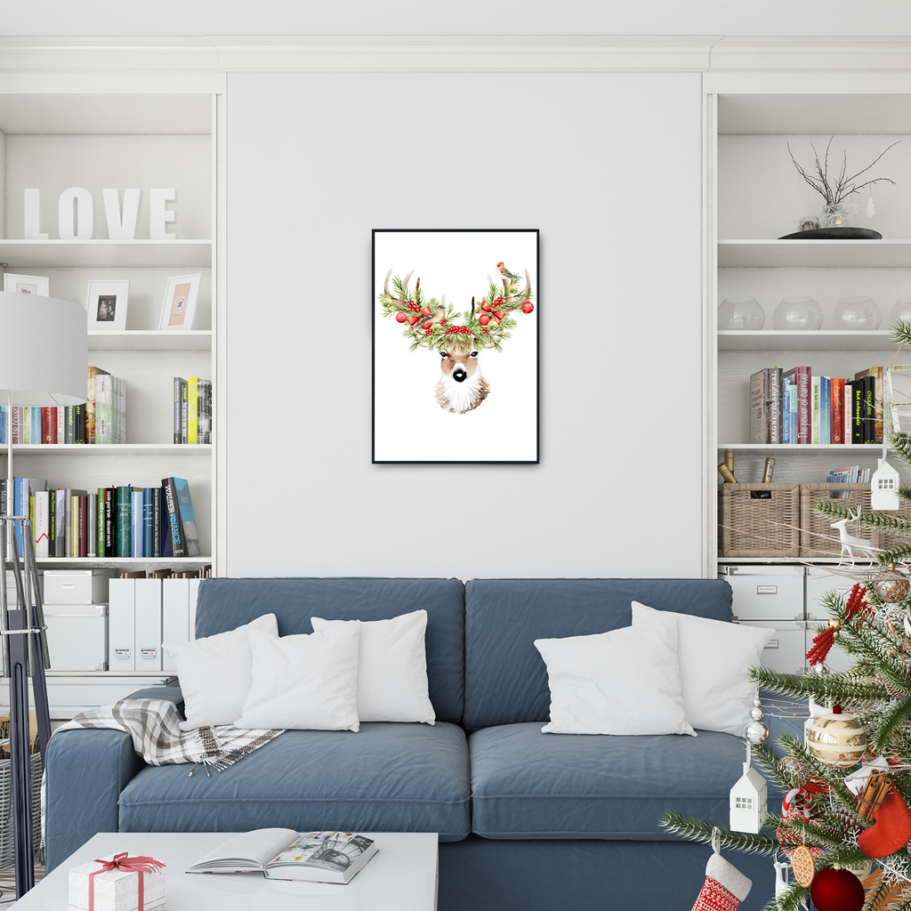Hirsch Vogel Waldtiere Weihnachten DIN A4 Weihnachtsbild Weihnachtsposter Weihnachtsdeko Wandbild 1er Set