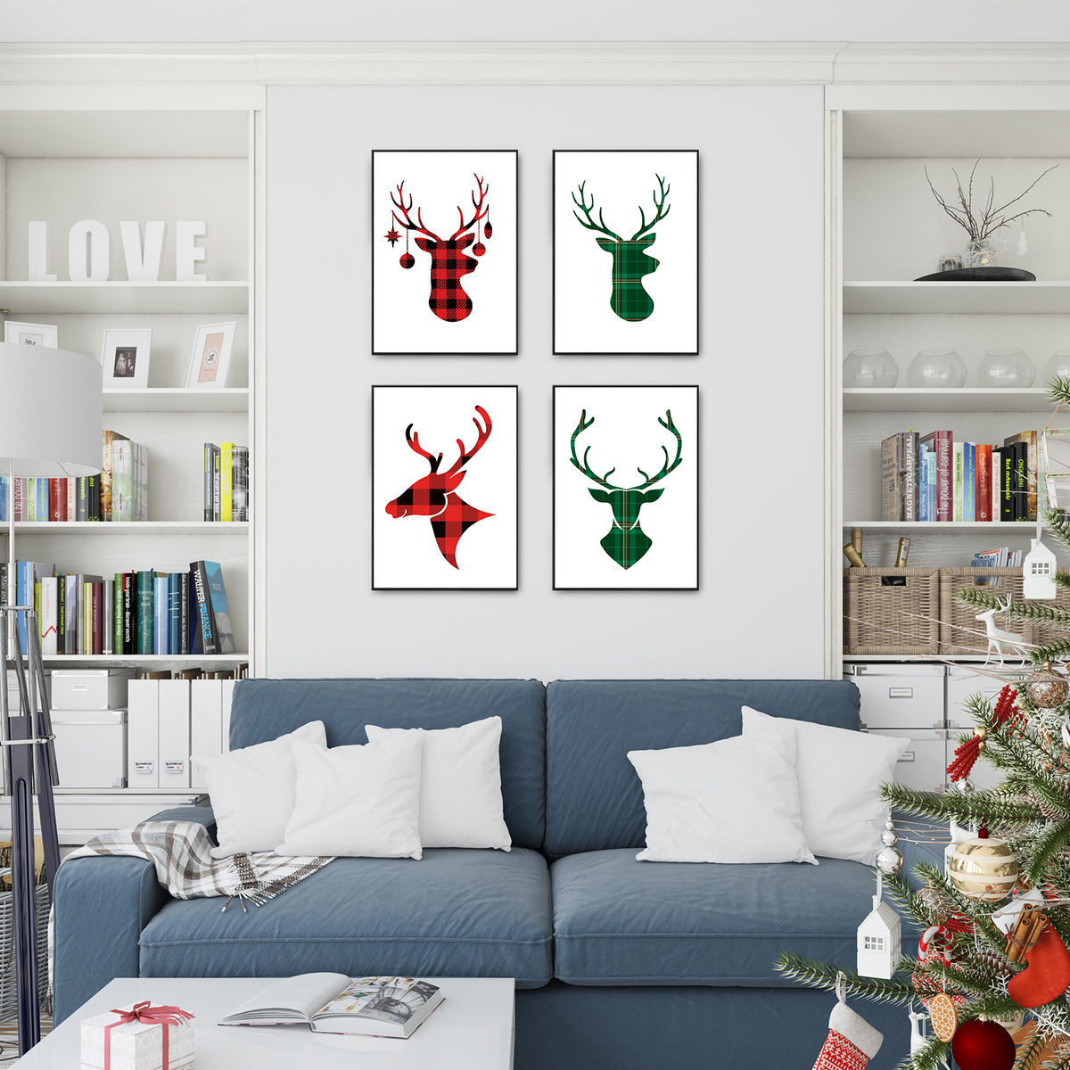 Rentiere Kariert Kunstdruck Weihnachten DIN A4 Weihnachtsbilder Weihnachtsdeko Wandbilder 4er Set