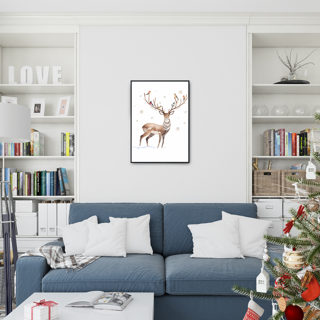 Niedlicher Hirsch Vogel Weihnachten DIN A4 Weihnachtsbild Weihnachtsposter Weihnachtsdeko Wandbild 1er Set