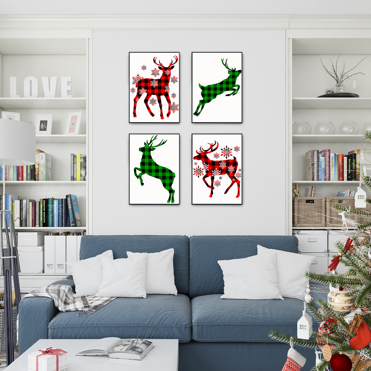 Rentiere Kunstdruck Weihnachten DIN A4 Weihnachtsbilder Weihnachtsposter Weihnachtsdeko Wandbilder 4er Set