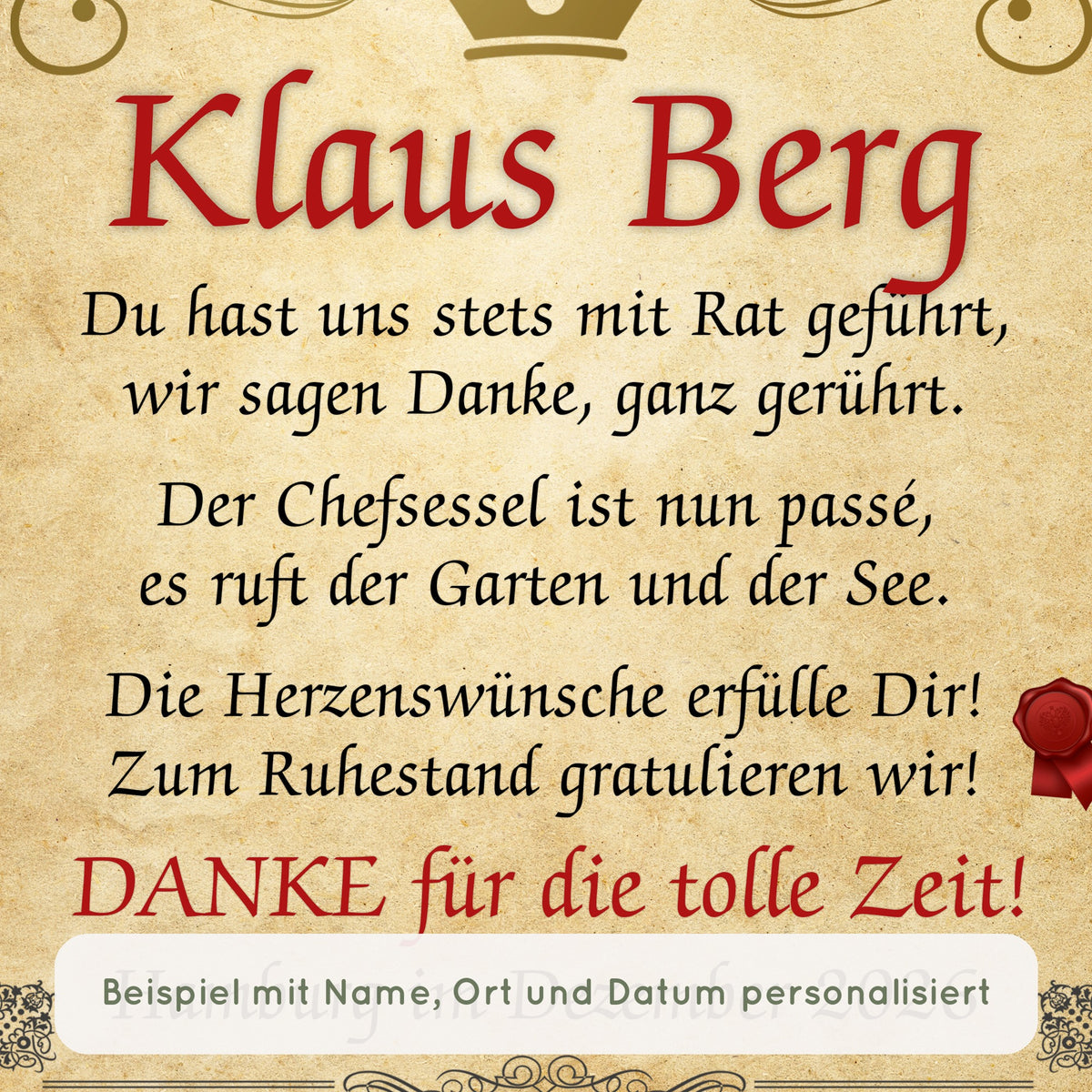 Nahaufnahme Ruhestand Urkunde Chef: Beispiel mit Name, Ort und Datum personalisiert