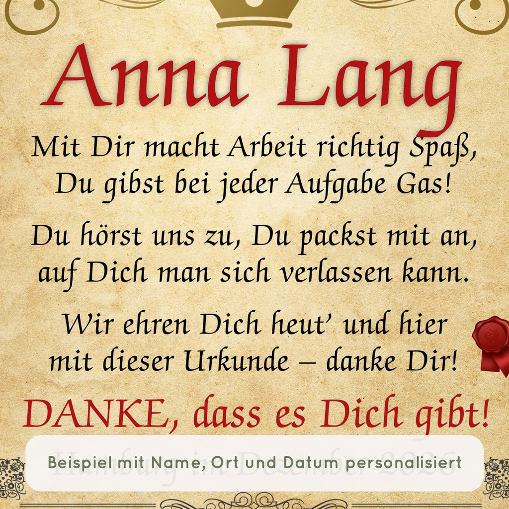 Nahaufnahme Urkunde beste Kollegin: Beispiel mit Name, Ort und Datum personalisiert