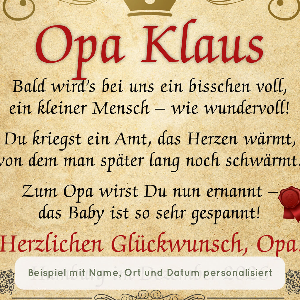 Nahaufnahme Urkunde Beförderung zum Opa: Beispiel mit Name, Ort und Datum personalisiert