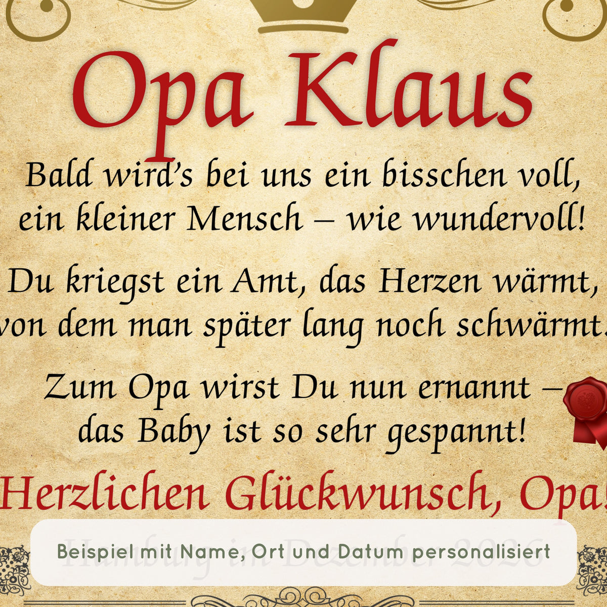 Nahaufnahme Urkunde Beförderung zum Opa: Beispiel mit Name, Ort und Datum personalisiert