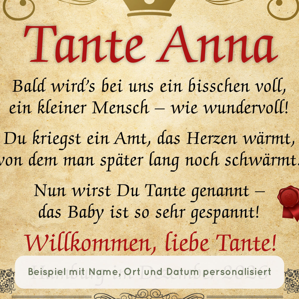 Nahaufnahme Urkunde Beförderung zur Tante: Beispiel mit Name, Ort und Datum personalisiert