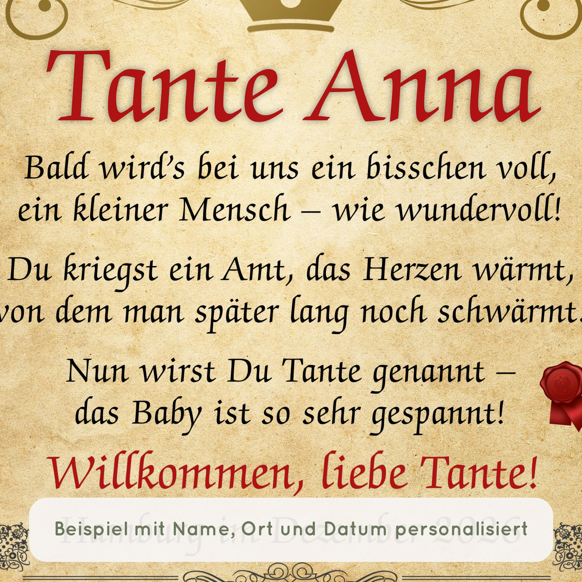 Nahaufnahme Urkunde Beförderung zur Tante: Beispiel mit Name, Ort und Datum personalisiert