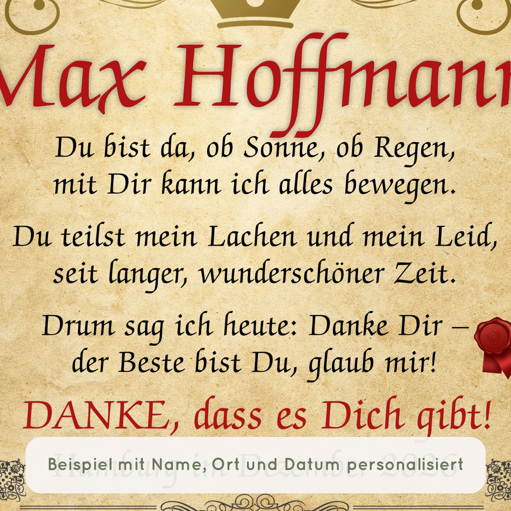Nahaufnahme Urkunde bester Freund: Beispiel mit Name, Ort und Datum personalisiert