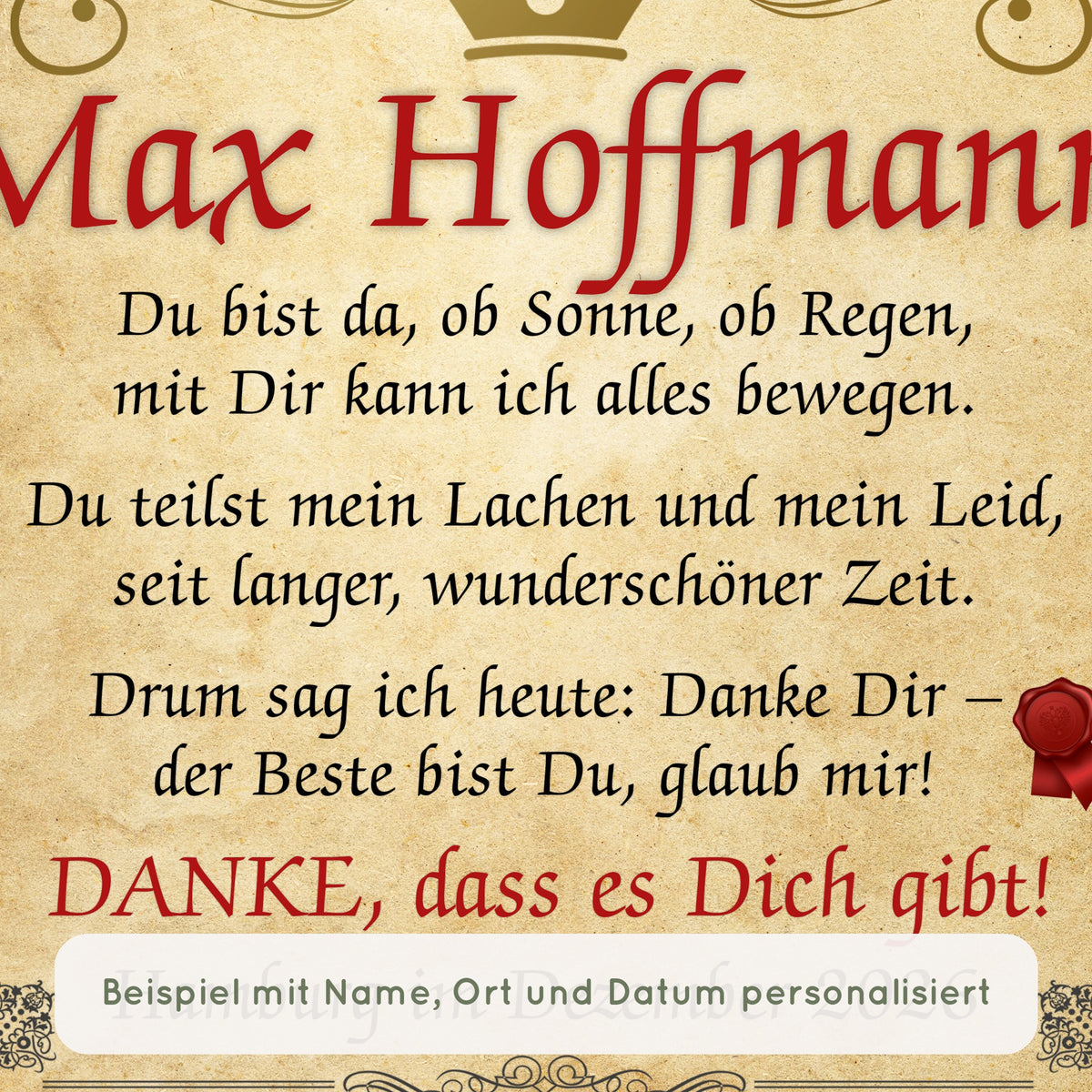 Nahaufnahme Urkunde bester Freund: Beispiel mit Name, Ort und Datum personalisiert