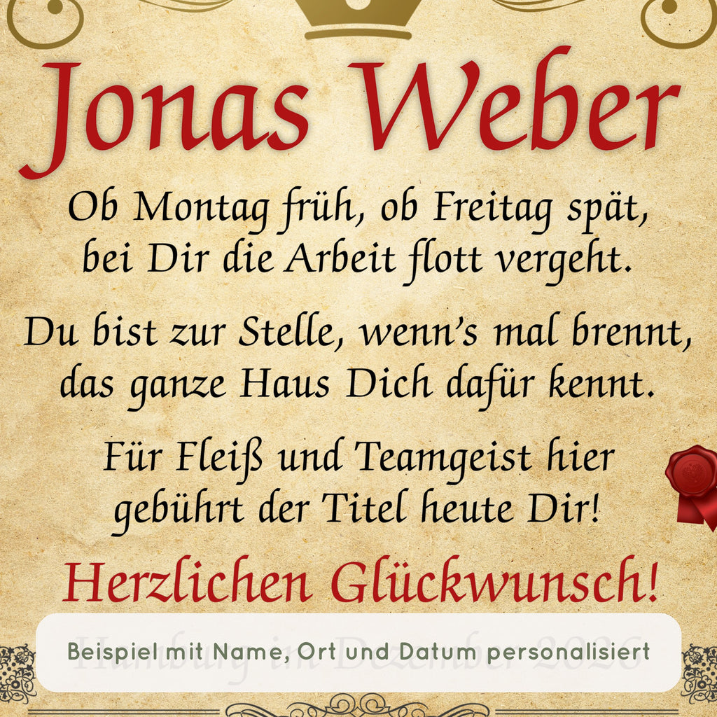 Nahaufnahme Urkunde Mitarbeiter des Jahres: Beispiel mit Name, Ort und Datum personalisiert