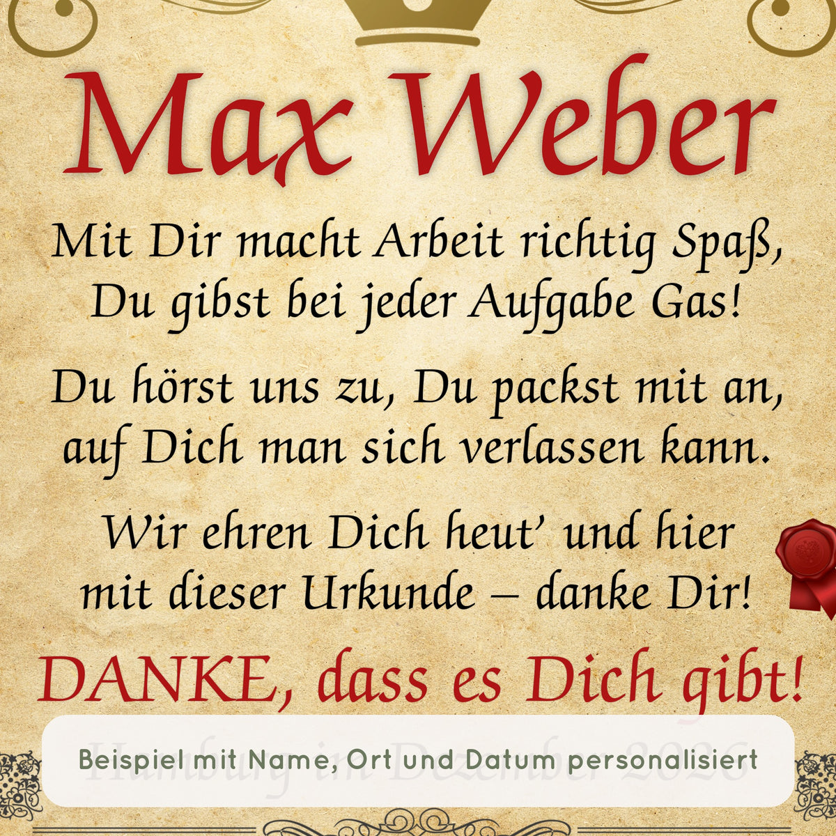 Nahaufnahme Urkunde bester Kollege: Beispiel mit Name, Ort und Datum personalisiert