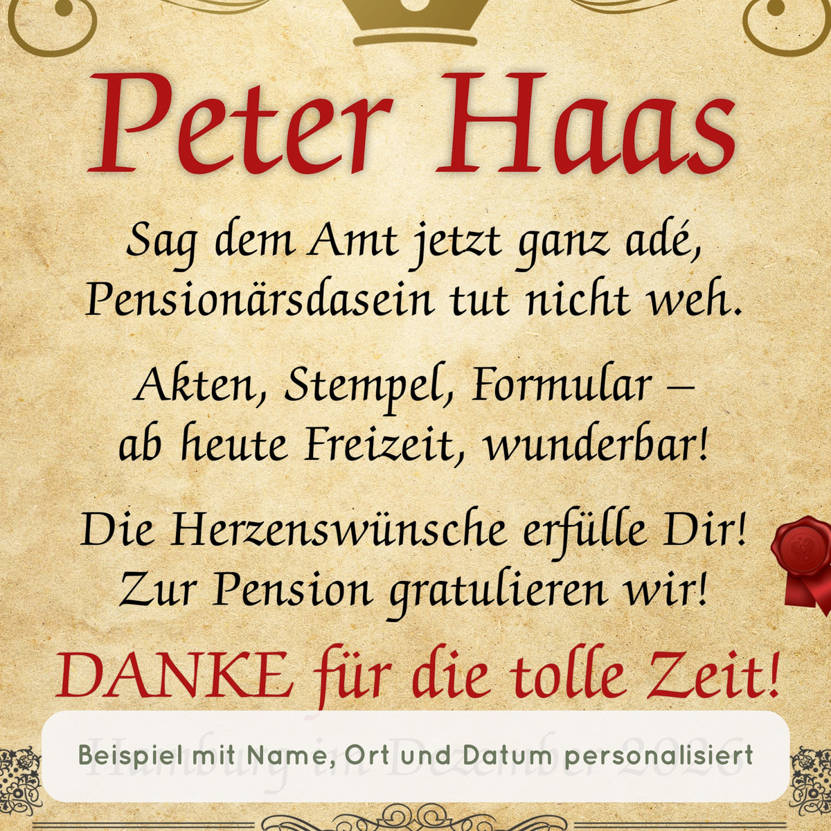 Nahaufnahme Pension Urkunde: Beispiel mit Name, Ort und Datum personalisiert