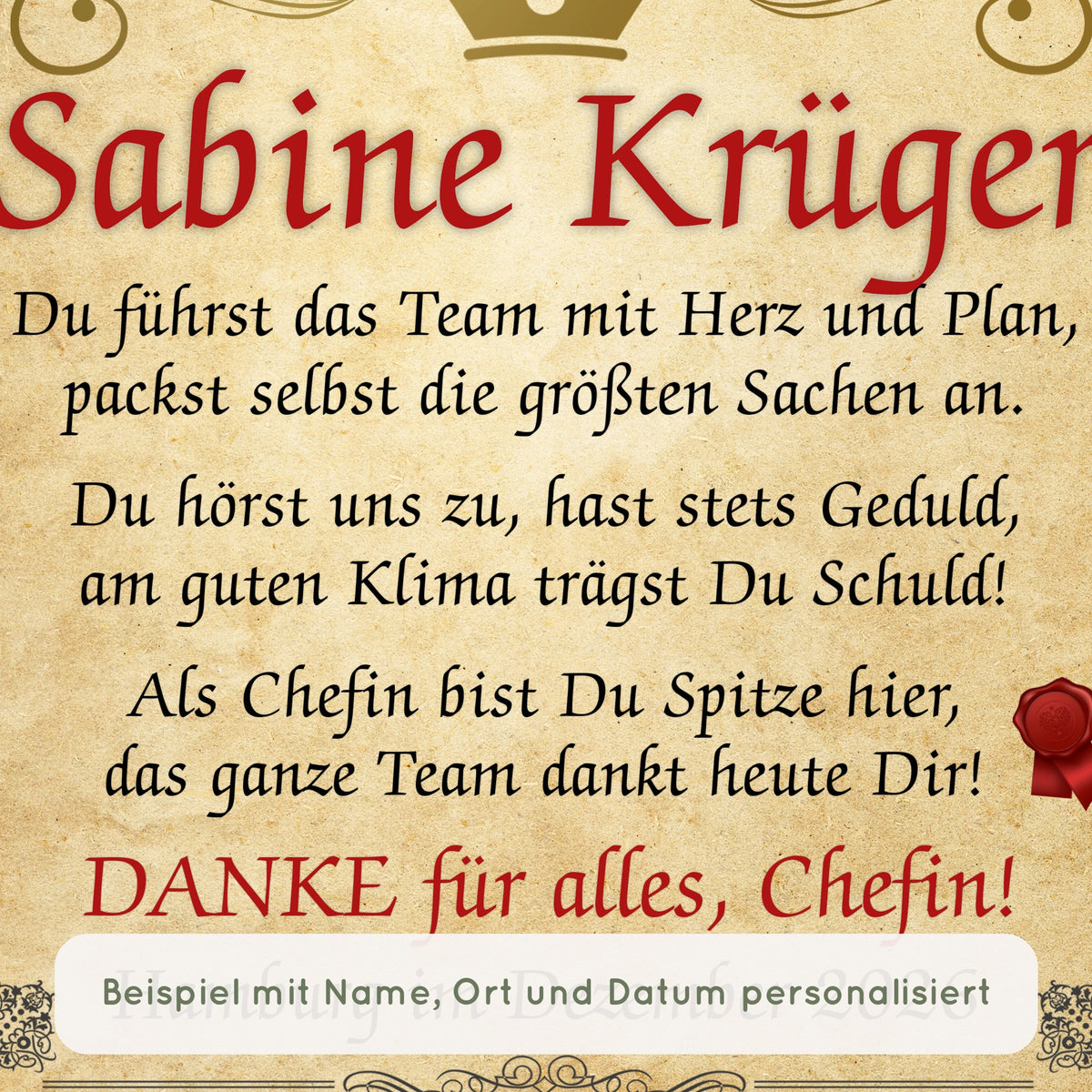 Nahaufnahme Urkunde beste Chefin: Beispiel mit Name, Ort und Datum personalisiert