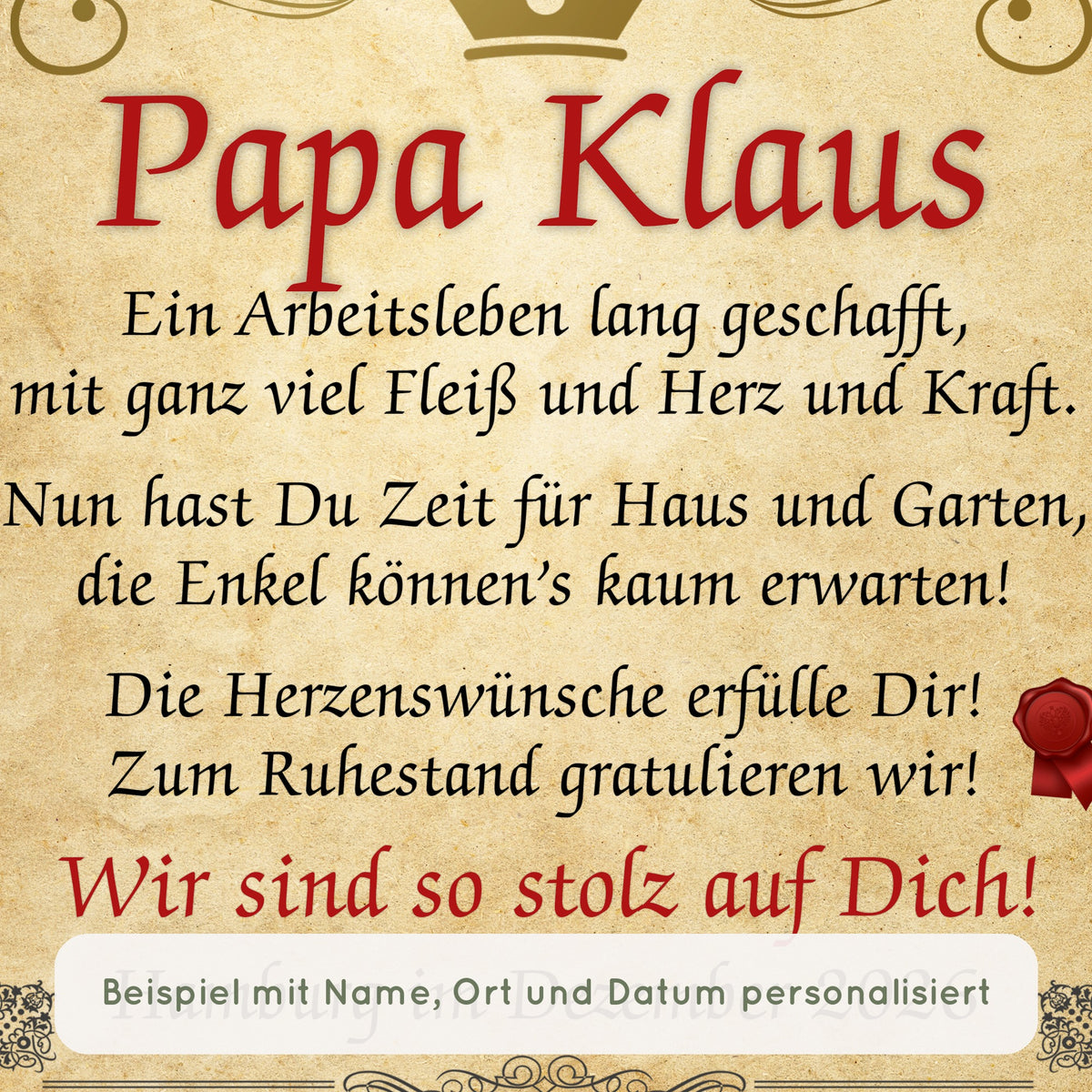 Nahaufnahme Ruhestand Urkunde Familie: Beispiel mit Name, Ort und Datum personalisiert