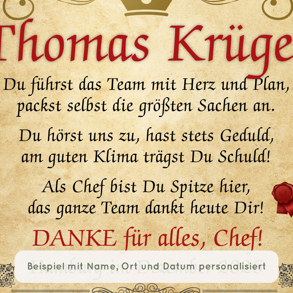 Nahaufnahme Urkunde bester Chef: Beispiel mit Name, Ort und Datum personalisiert