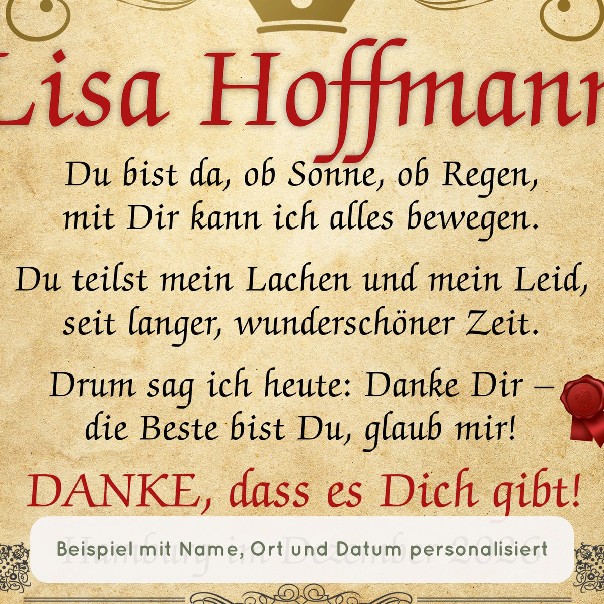 Nahaufnahme Urkunde beste Freundin: Beispiel mit Name, Ort und Datum personalisiert
