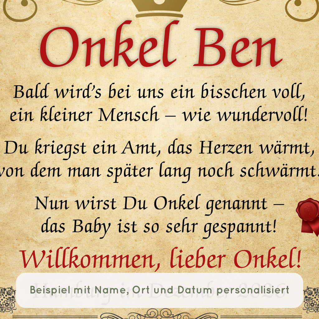 Nahaufnahme Urkunde Beförderung zum Onkel: Beispiel mit Name, Ort und Datum personalisiert