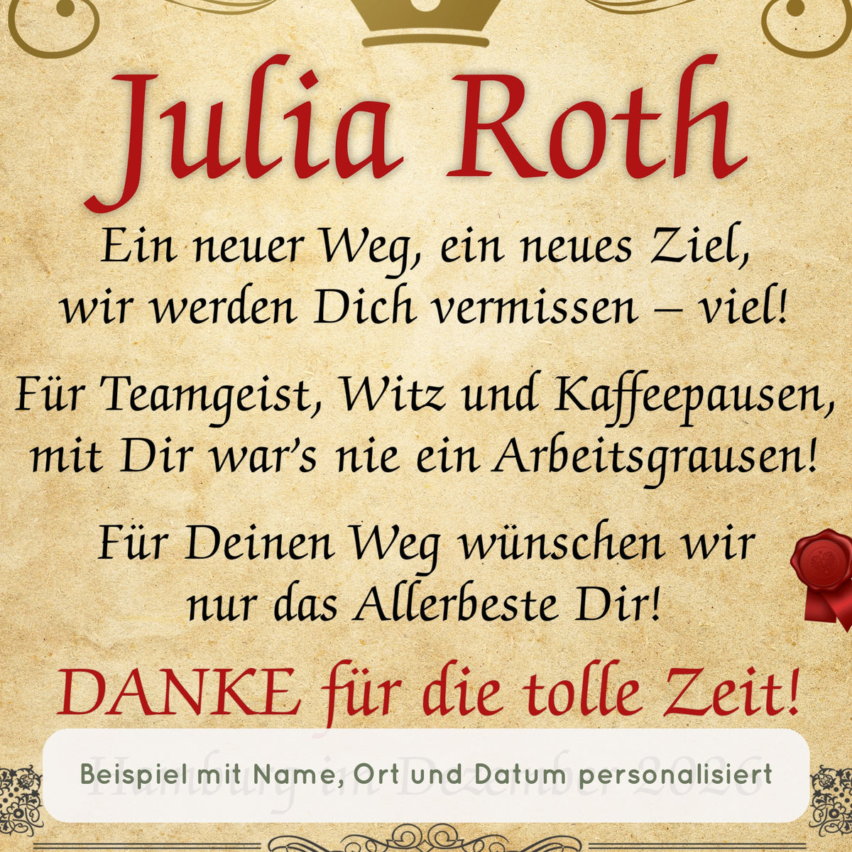 Nahaufnahme Abschied Urkunde Kollegen: Beispiel mit Name, Ort und Datum personalisiert