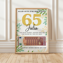 Laden Sie das Bild in den Galerie-Viewer, Personalisiertes Geldgeschenk zum 65. Geburtstag Geld Geschenkidee personalisierbar Geburtstagskarte
