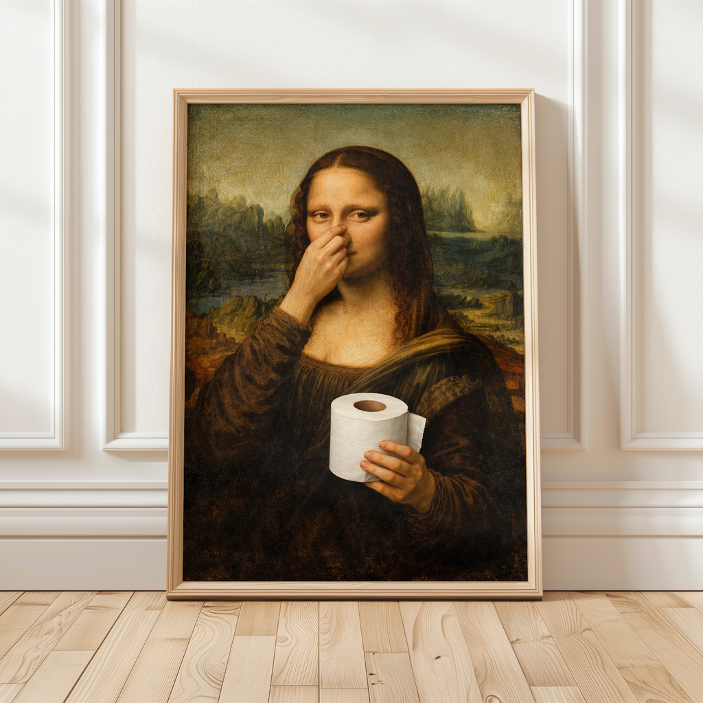 Lustiges Badezimmer Poster Mona Lisa mit Klopapier Nase zu Humorvolle Wanddeko für Toilette, Gäste-WC, Badezimmer Deko WC Humor Mona Lisa witzig