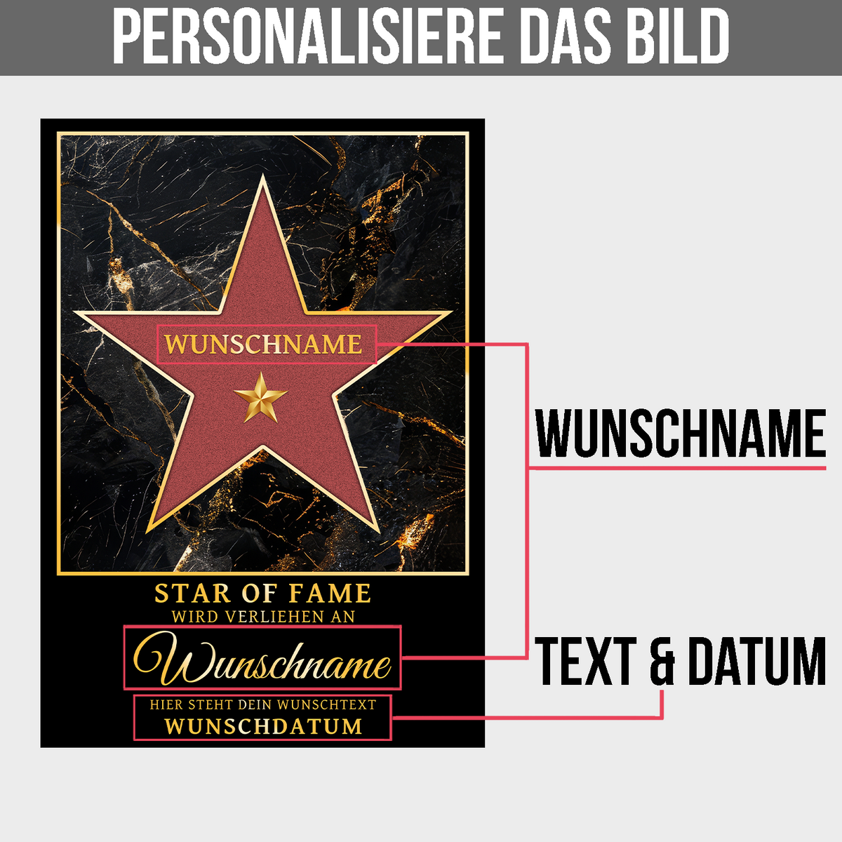 Personalisiertes Star of Fame Poster – Hollywood Stern mit Name – Wunschtext & Datum – Geschenkidee Geburtstag, Jubiläum, Auszeichnung
