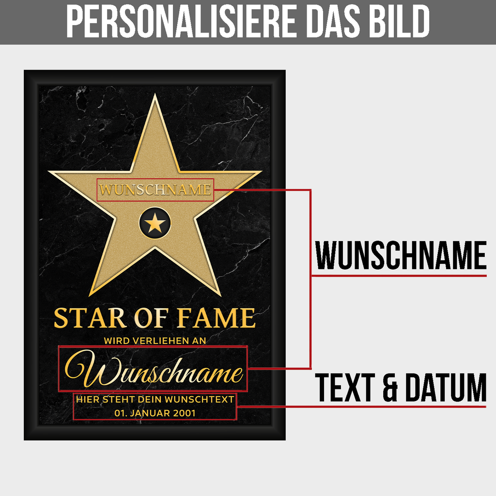 Personalisiertes Star of Fame Poster Gold Design – Hollywood Stern mit Name – Wunschtext & Datum – Edles Geschenk Geburtstag, Jubiläum, Auszeichnung