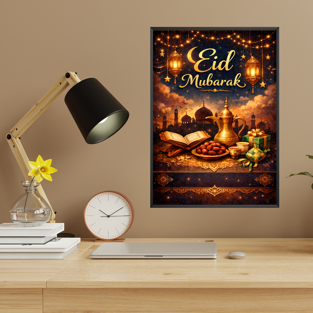 Eid Mubarak Poster – Festliches Wandbild mit Laternen, Mond & Moschee – Elegante Dekoration zum Zuckerfest