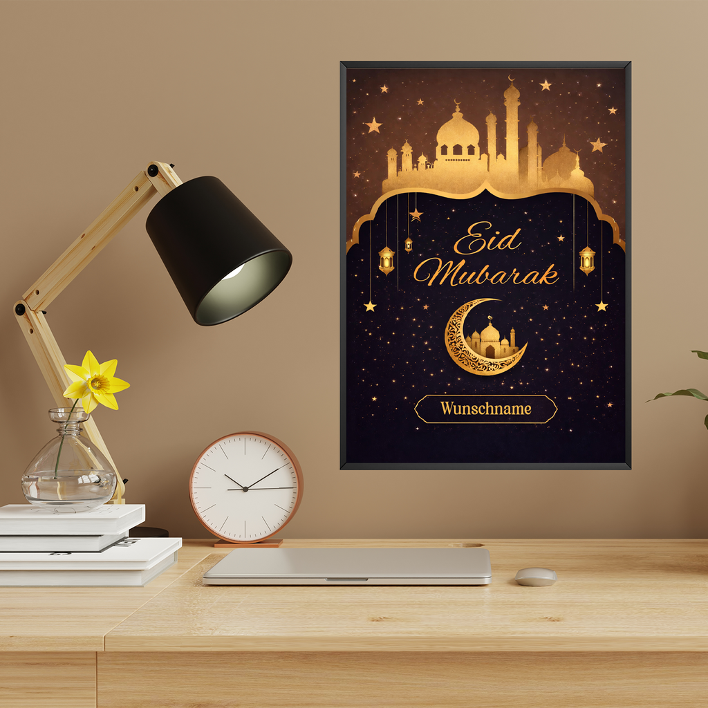 Personalisiertes Eid Mubarak Poster – Edles Wandbild in Goldoptik mit Moschee, Mond & Laternen – Festliche Dekoration zum Zuckerfest