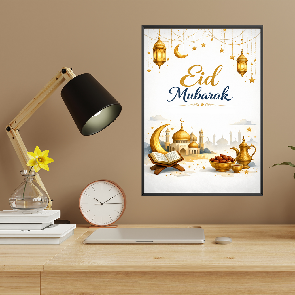 Eid Mubarak Poster – Elegantes Wandbild mit Moschee, Mond & Laternen – Stilvolle Dekoration zum Zuckerfest