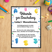Laden Sie das Bild in den Galerie-Viewer, Urkunde Einschulung Personalisierte Geschenkidee Schulkind Schulanfang
