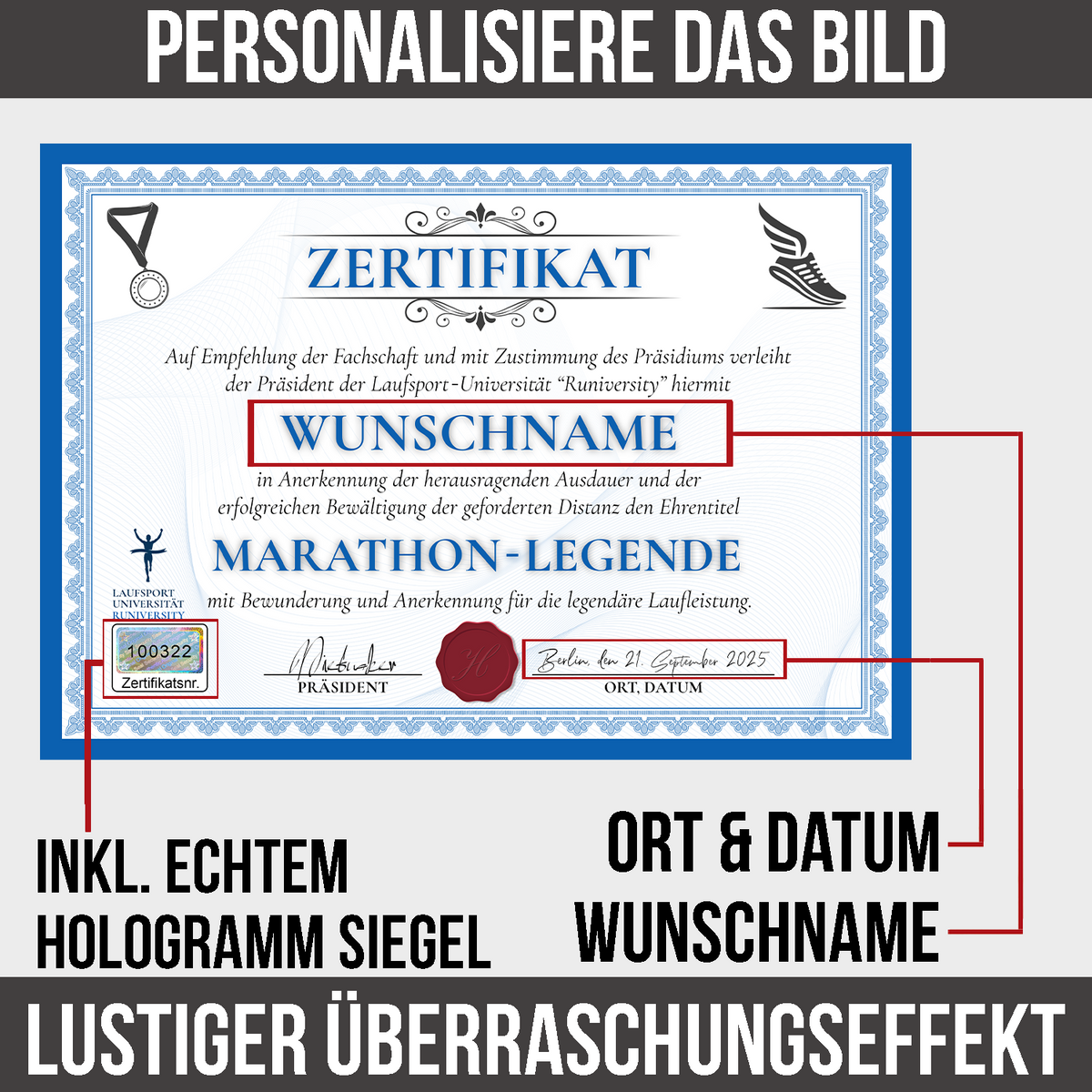 Personalisierte Marathon Urkunde Lustiges Geschenk für Marathonläufer, Jogger Sportler Läufer Zertifikat Witzig Joggen Running