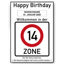 Laden Sie das Bild in den Galerie-Viewer, 14. Geburtstag Geschenk personalisiert Verkehrszeichen Deko Geburtstagsgeschenk Happy Birthday Geburtstagskarte
