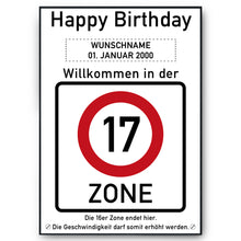 Laden Sie das Bild in den Galerie-Viewer, 17. Geburtstag Geschenk personalisiert Verkehrszeichen Deko Geburtstagsgeschenk Happy Birthday Geburtstagskarte
