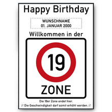 Laden Sie das Bild in den Galerie-Viewer, 19. Geburtstag Geschenk personalisiert Verkehrszeichen Deko Geburtstagsgeschenk Happy Birthday Geburtstagskarte
