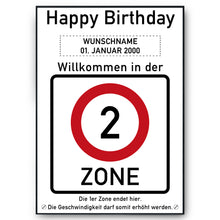 Laden Sie das Bild in den Galerie-Viewer, 2. Geburtstag Geschenk personalisiert Verkehrszeichen Deko Geburtstagsgeschenk Happy Birthday Geburtstagskarte
