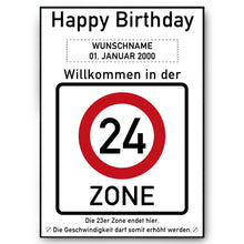 Laden Sie das Bild in den Galerie-Viewer, 24. Geburtstag Geschenk personalisiert Verkehrszeichen Deko Geburtstagsgeschenk Happy Birthday Geburtstagskarte
