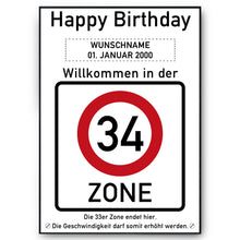 Laden Sie das Bild in den Galerie-Viewer, 34. Geburtstag Geschenk personalisiert Verkehrszeichen Deko Geburtstagsgeschenk Happy Birthday Geburtstagskarte
