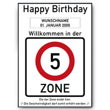 Laden Sie das Bild in den Galerie-Viewer, 5. Geburtstag Geschenk personalisiert Verkehrszeichen Deko Geburtstagsgeschenk Happy Birthday Geburtstagskarte
