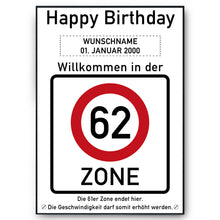 Laden Sie das Bild in den Galerie-Viewer, 62. Geburtstag Geschenk personalisiert Verkehrszeichen Deko Geburtstagsgeschenk Happy Birthday Geburtstagskarte
